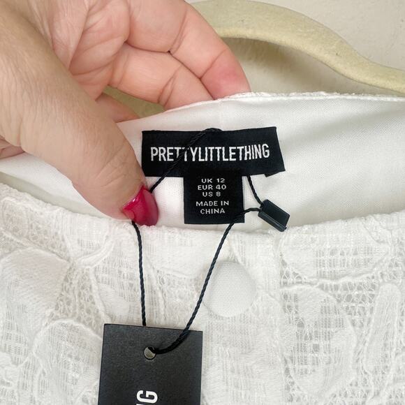 NWT Pretty Little Thing White Lace Boatneck Top Pleated Mini Skirt Two Piece Set - Picture 13 of 15
